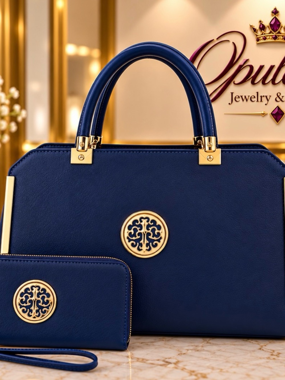 Blue Women's Satchel Handbag with Matching Wallet - Gold Accent